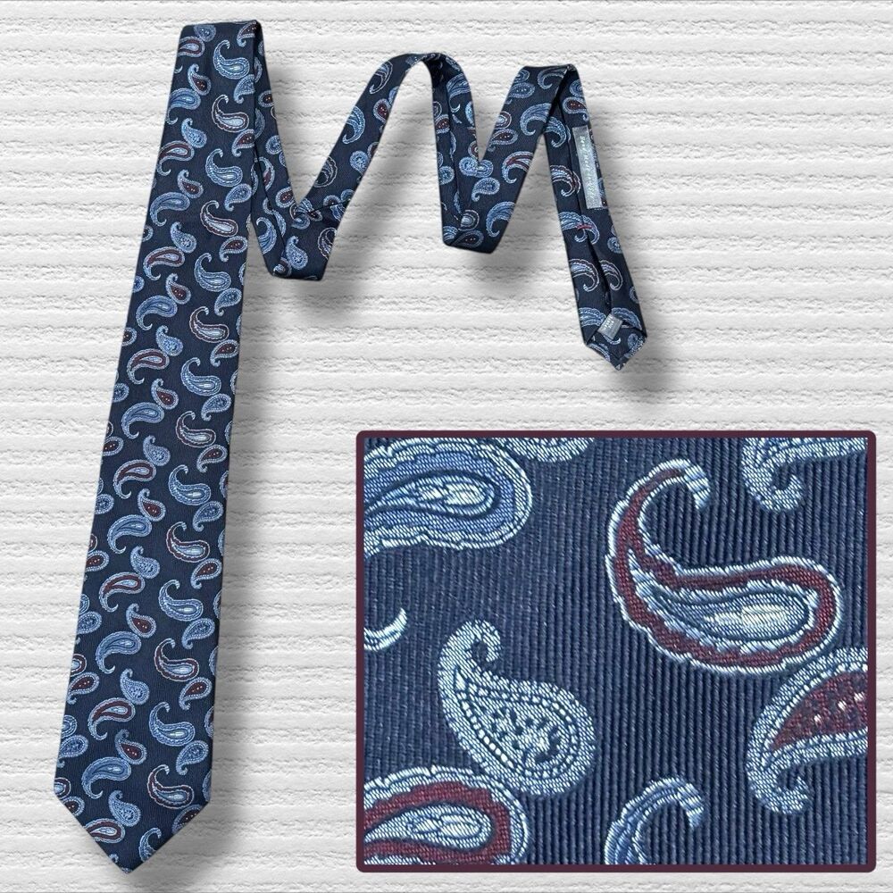 Daniel Cremieux Signature Paisley Blue Burgundy Silk Tie Handmade In USA